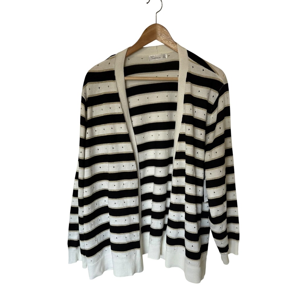 89th + Madison Cardigan Women 1X Black White Gold NEW Striped Metallic Pointelle